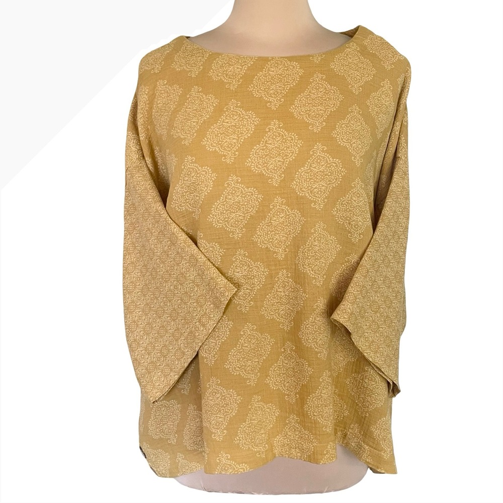 PureJill Mustard Yellow Medallion Print Boxy Gauzy Top Sz Lp Boho Chic Lagenlook